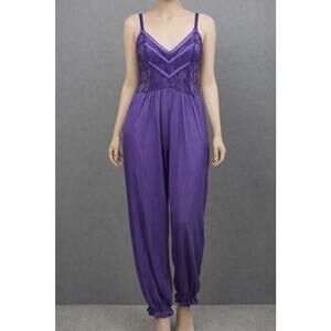 Vintage 70s 80s Undercover Wear 1X USA Purple Nylon Jumpsuit Sheer Lace Silky